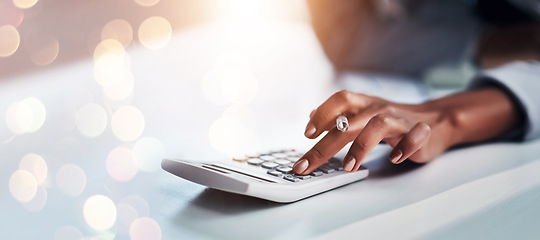 Image showing Person, hand and calculator for accounting, finance or audit in budget planning on bokeh background at office. Closeup of accountant or employee in financial management, profit or bills and expenses