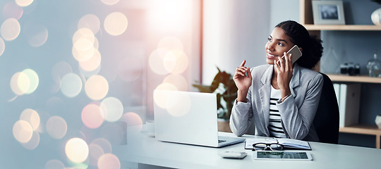 Image showing Business, banner and woman with a laptop, phone call and accountant with communication, thinking and bokeh. Person, entrepreneur and investor with a smartphone, pc and conversation with connection