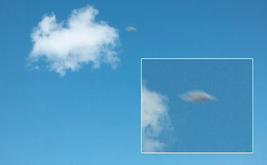 Image showing Ufo, spaceship in blue sky and alien on camera screen outdoor, surreal flying saucer and mockup space. Evidence of extraterrestrial spacecraft, drone in flight recording on camcorder or UAP in clouds