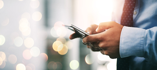 Image showing Man, smartphone and texting with hands, office and networking for corporate, business and employee. Trader, communication and reading news while networking, web browsing and digital strategy search