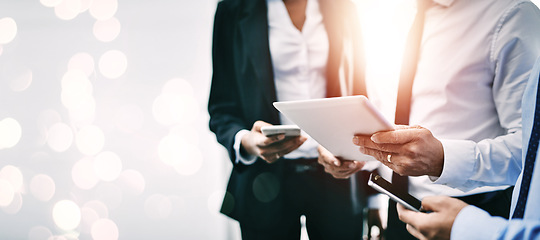 Image showing Hands, technology and double exposure with business people together for communication or networking closeup on space. Collaboration, tablet and phone with a professional employee team working online