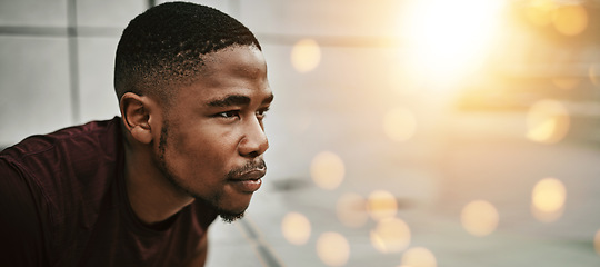 Image showing Face, space and double exposure with a sports man outdoor for fitness as a runner during a marathon. Exercise, sweat and tired with an exhausted young athlete training in the city on mockup flare