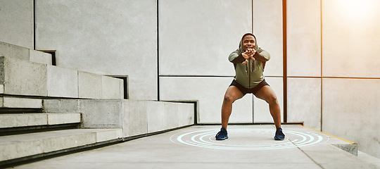 Image showing Fitness, target and flare with a man stretching on stairs in the city for the start of his workout routine. Exercise, warm up and special effects with a young african athlete in an urban town