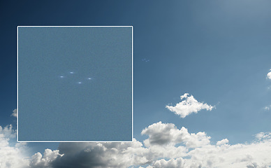 Image showing Ufo, spacecraft in sky and alien on camera screen outdoor, surreal saucer fly in clouds and mockup space. Evidence of extraterrestrial spaceship, science fiction fantasy or recording on camcorder
