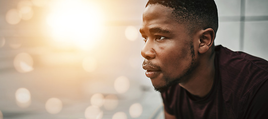 Image showing Face, mockup and double exposure with a sports man outdoor for fitness as a runner during a marathon. Exercise, sweat and tired with an exhausted young athlete training in the city on flare space