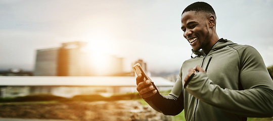 Image showing Black man, phone and technology with happy fist for notification, workout break or winner outdoor in the morning. Smartphone, person and happiness for good news, fitness deal or challenge in the city