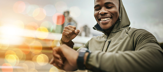 Image showing Black man, smart watch and hand for fitness, training or exercise performance with bokeh for personal trainer. Athlete, person or stopwatch or timer for progress update, steps or results for wellness