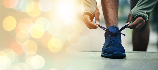 Image showing Fitness, hands and tie shoes on stairs for workout or exercise outdoor in the morning with bokeh and mockup. Training, athlete and runner getting ready for cardio, sports or challenge for wellness