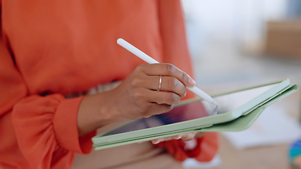 Image showing Hands, tablet and sketching for design, woman and pen in closuep at office, workshop and planning. Person, digital touchscreen and writing for fashion, clothes or art with application in workplace