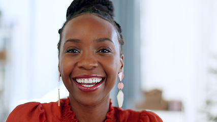Image showing Portrait, smile and a business black woman closeup in the office of her small business boutique. Face, fashion and a happy young employee or entrepreneur in her professional workplace for design