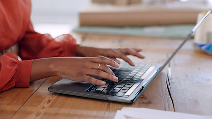 Image showing Closeup, business and woman with a laptop, typing and connection with planning, network and internet. Pc, person and employee with website info, workplace and research with online sales and update