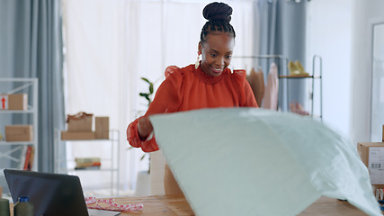 Image showing Fashion, designer workshop and black woman with fabric for clothes, texture and pattern. Retail, boutique and person with material for creative startup, small business and industry supply chain