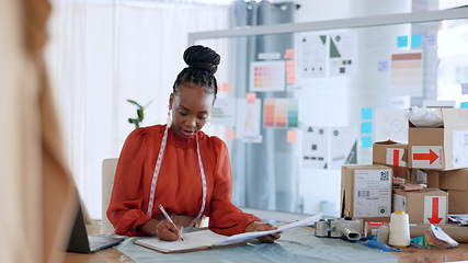 Image showing Fashion, designer and black woman with checklist for delivery, logistics and ecommerce in workshop. Retail, boutique and person with boxes for creative startup, small business and supply chain