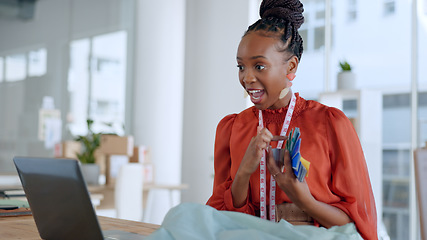 Image showing Fashion designer, choice and black woman on video call on laptop with fabric, palette and material. Communication, workshop and person on computer for creative startup, small business and boutique