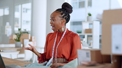 Image showing Fashion designer, laptop and black woman on video call for meeting, discussion and material for client. Communication, retail and person on computer for creative startup, small business or boutique