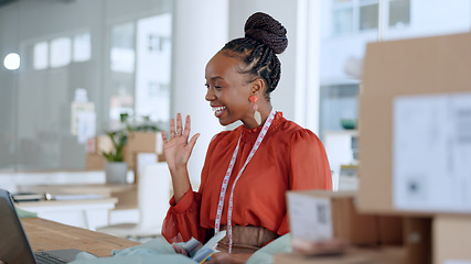 Image showing Fashion designer, wave and black woman on video call on laptop with fabric, startup and material for client. Communication, creative business and person online for meeting on computer in boutique