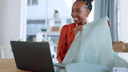 Image showing Fashion designer, fabric and black woman on video call on laptop with texture, pattern and material for client. Creative business, workshop and person on computer for clothes, shopping or boutique