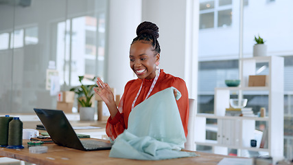 Image showing Fashion, designer and black woman on video call on laptop with fabric, pattern and material for client. Communication, workshop and person on computer for creative startup, small business or boutique