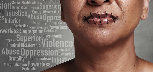 Image showing Woman, lips and oppression with silence in studio, thread stitch and text overlay for abuse, violence or danger. Person, human rights and no voice, equality or freedom of speech by grey background