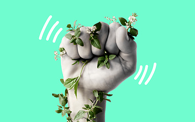 Image showing Fist, climate change and protest for support with leaves, ecology art or sustainability by green background. Hand, plants and power with opinion for accountability, carbon footprint or global warming