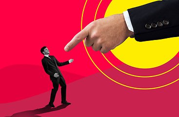 Image showing Boss, oppression and finger pointing businessman as graphic illustration with red background as management. Abuse, pressure and art of manager angry at corporate employee with authority or power