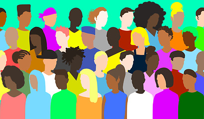 Image showing Diversity, freedom and equality with a group of people together in a crowd or audience as a poster. Peace, community or human rights with an image of different men and women on a color backdrop