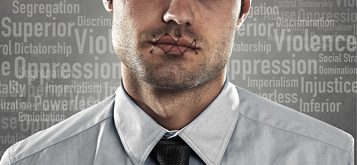 Image showing Man, lips and silence in studio for freedom, violence and fight with text overlay for protest. Human rights, person and thread on mouth for oppression, equality and empowerment with abuse or justice