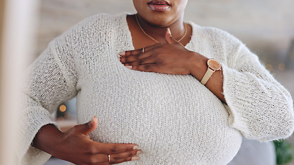 Image showing Breast cancer, self exam and woman with hands on chest for testing, health check and detection. Healthcare, medical care and person feel, touch and press breasts for awareness, symptoms and signs