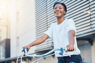 Image showing Happy, city and a black woman with a bike for travel, weekend fun or sustainable transport. Smile, thinking and a young African girl with transportation or a bicycle for a carbon neutral commute