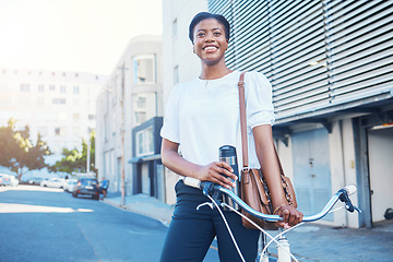 Image showing Black woman, bicycle commute and road in city with sustainability travel, ride and morning with smile. Happy worker, female professional and employee with bike outdoor with in a street in town