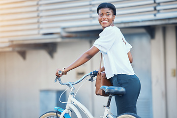 Image showing Black woman, bicycle commute and business on road in city with sustainability travel, ride and morning with smile. Happy worker, female professional and employee with bike for carbon footprint