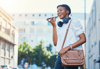 Image showing Phone call, speaker and young woman in city networking for communication, discussion or conversation. Happy, voice recognition and African female person recording message on cellphone walking in town