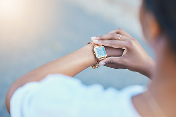 Image showing Closeup, woman and arm with watch for time management with elegance for business meeting in city. African person, entrepreneur and waiting by delay, check or late for transport to commute to client