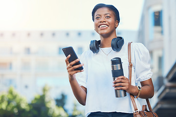 Image showing Cellphone, coffee and young woman in the city networking on social media, mobile app or the internet. Happy, flask and African female person scroll on website with phone walking in urban town street.