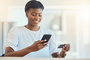 Image showing Black woman, business credit card and smartphone, online shopping and fintech with smile, payment and finance. Corporate account, using phone for mobile banking and app, happy worker with e commerce