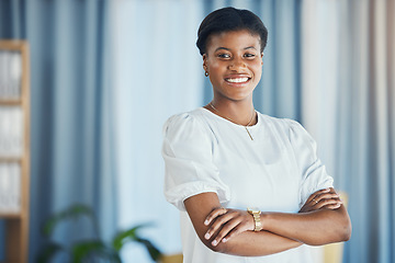 Image showing Lawyer, portrait and black woman in office with arms crossed in confidence for justice, law firm and legal career. Attorney, smile or face of employee with pride in workplace or human rights advocate