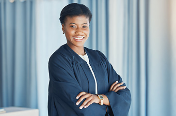 Image showing Lawyer, portrait and black woman in office with arms crossed in confidence for justice, law firm and legal career. Judge, smile or face of attorney with pride in court or human rights advocate