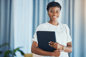 Image showing Portrait, smile and black woman with tablet in office for business work in startup company. Face, technology and creative professional entrepreneur, African designer and confident employee in Nigeria