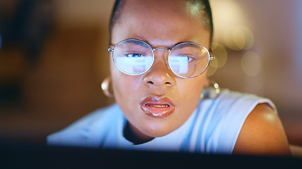 Image showing Thinking, night and black woman with glasses, research and online reading with idea, computer or finance report. African person, investor or accountant with eyewear, reflection or worker with network
