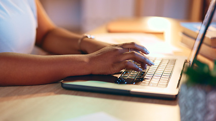 Image showing Laptop, business and closeup of hands typing, work on project and creative research at desk. Table, keyboard editor and woman writing email, networking on website and internet on computer in startup