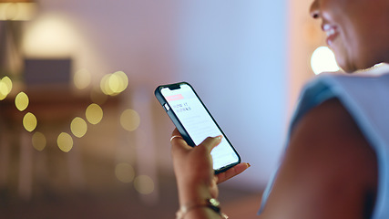 Image showing Hand, phone and a business woman reading an online blog for information about how to start. Website, article and a happy professional employee using a mobile to search for instructions at night