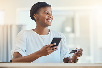 Image showing Black woman, business credit card and smartphone, e commerce and fintech with smile, payment and finance. Corporate account, using phone for mobile banking and app, happy worker with online shopping