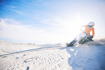 Image showing Desert, motorcycle and sport stunt with rider in achievement, skill and training with targets Biker, sunshine and challenge with fitness with adrenaline with speed in race, adventure and lens flare