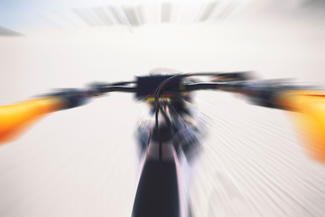 Image showing Motorbike, race and motion blur of sports person and handle bars, speed in desert or dunes with athlete. Dirtbike, fast and adrenaline in extreme sports, fitness and energy for competition in pov