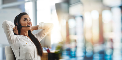 Image showing Business, woman or stretching in call center for relax, creative idea or consulting with bokeh or smile. Professional, employee and customer support or service with ideas, inspiration or agent advice