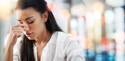 Image showing Woman, anxiety and headache in office for work stress, worry and burnout for project management. Young professional worker, mexican and thinking of deadline, angry boss and review in bokeh close up