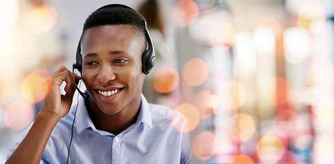 Image showing Call center, customer support and man in office with bokeh for crm telemarketing consultation. Mockup space, contact us and professional African male technical support agent with headset in workplace