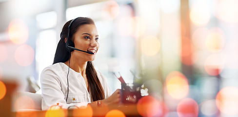 Image showing Call centre, woman and headset with smile or customer support, bokeh and overlay in mockup. Happy agent, contact us and communication or faq, support and telemarketing or crm, consulting at help desk