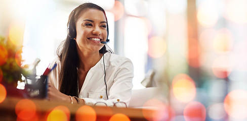 Image showing Happy woman, call center and customer service in telemarketing or support on bokeh background at office. Friendly female person, consultant or agent smile in online advice, help or virtual assistance