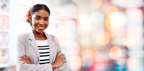 Image showing Black woman, arms crossed and smile portrait with compliance consultant at work with mockup space. Confidence, female entrepreneur and professional from New York happy from startup with office bokeh